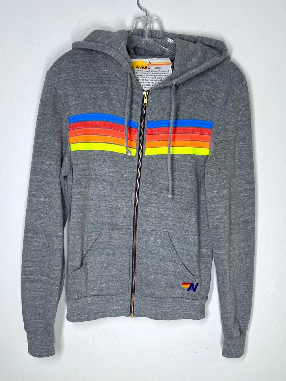 Aviator Nation 5 Stripe Zip Hoodie Neon Gray - Sz S - Picture 2 of 8
